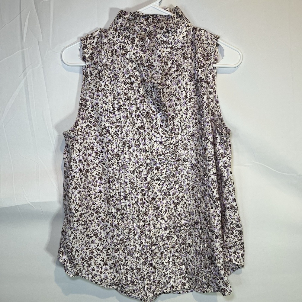 Ann Taylor Floral Ruffled Sleeveless Blouse High-Neck Top Women's Small
